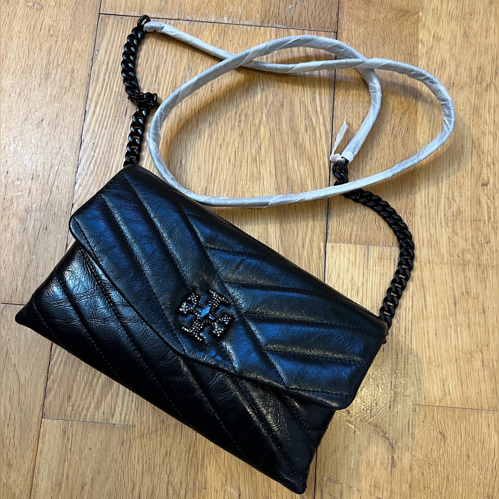 Tory Burch Kira Chevron Metallic Pave Logo Chain Crossbody Wallet NWT